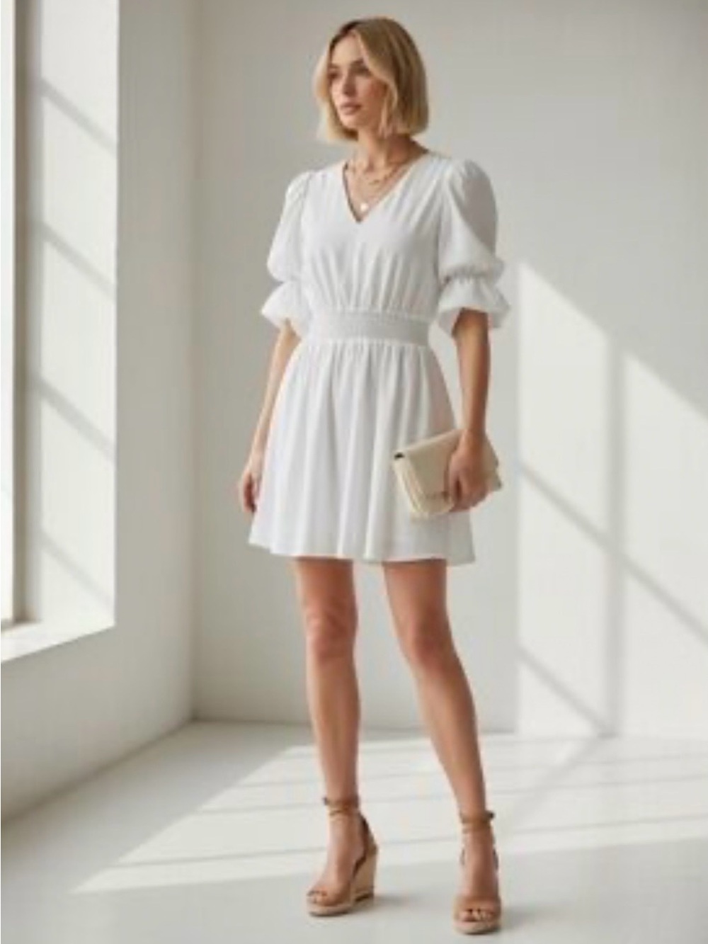 1 State Women's White V-Neck Puff Sleeve Smocked Waist Dress Size XL